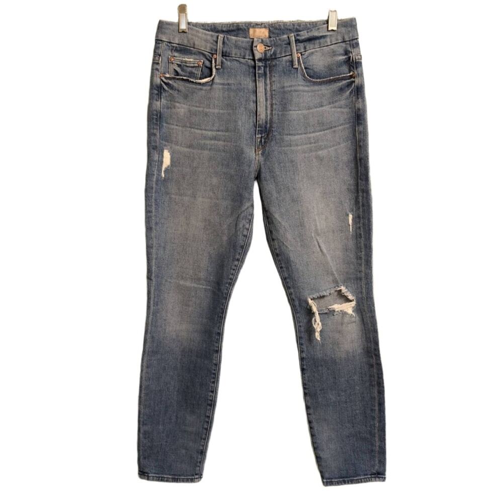 MOTHER High Waisted Looker Crop Let's Kick It (Blue) Distressed Ankle Jeans 30